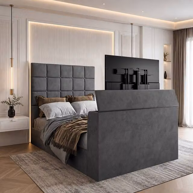 KDMD Allostock Upholstered Grey TV Bed Frame, Super King, 200 x 200 cm – 1