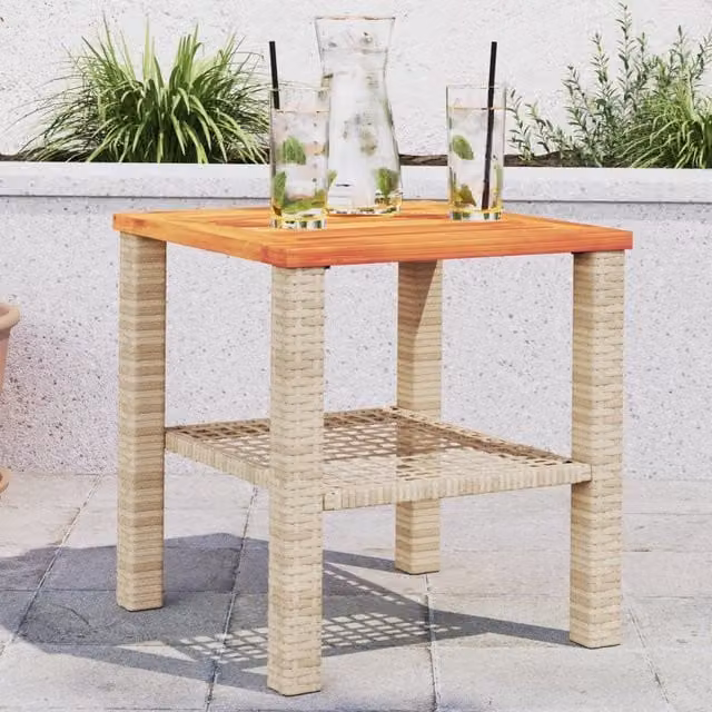 Berkfield Home Beige Poly Rattan Garden Table with Acacia Wood W/D/H: 40 x 40 x 42 cm – 1