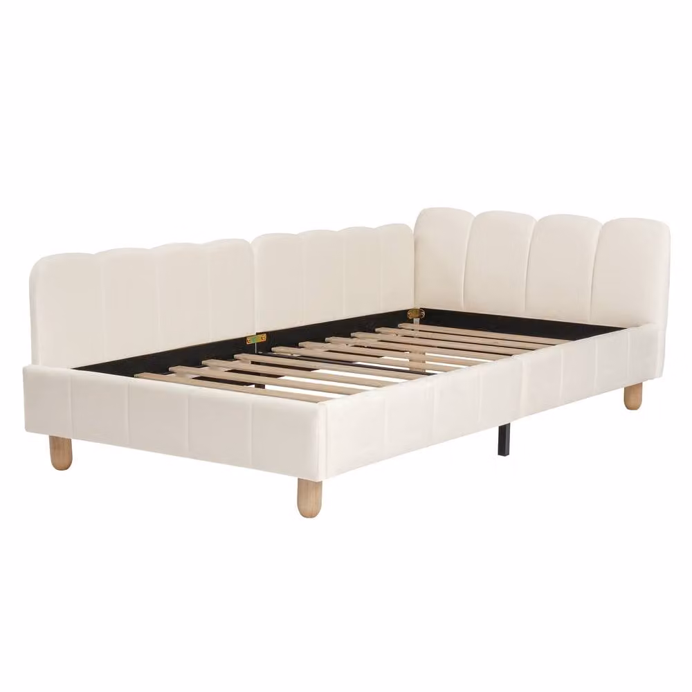 Rolipo Beige Velvet Upholstered Single Kids Bed with Safety Rail, W/D/H: 90 x 190 cm – 4