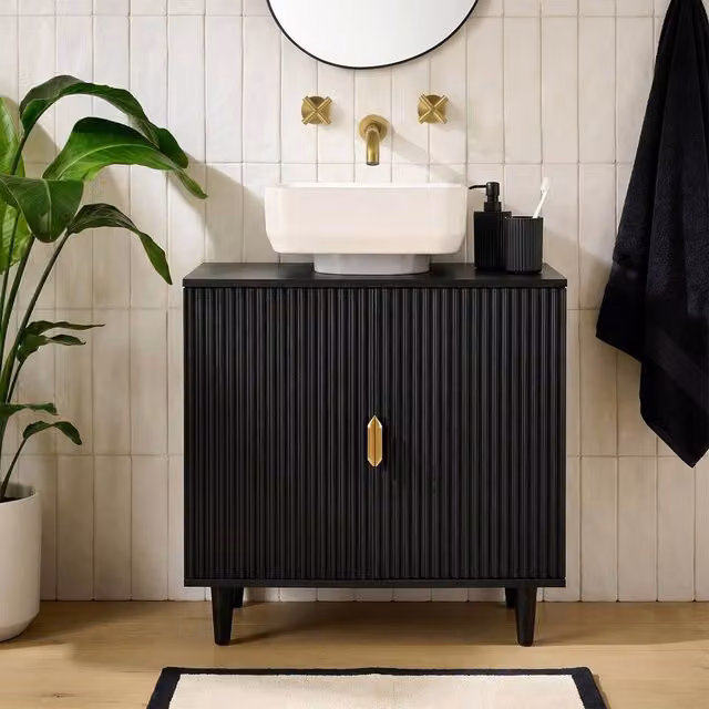 OHS Black Matt MDF Ribbed Undersink Bathroom Storage Cabinet with Hinged Doors