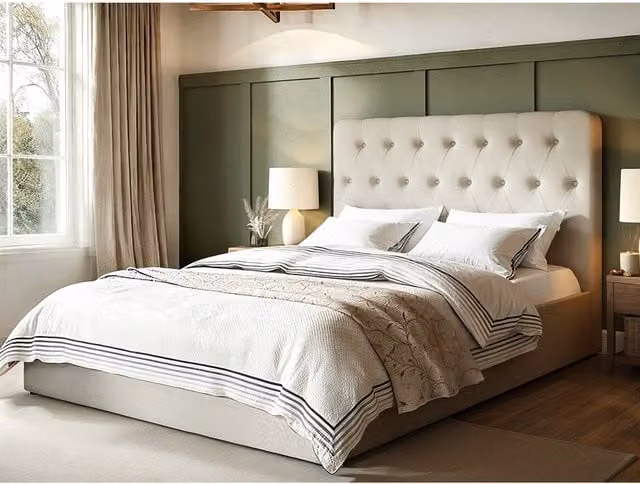 Flair Chesterfield Upholstered Ottoman Bed with Button Headboard in Beige and White, 140 x 200 cm