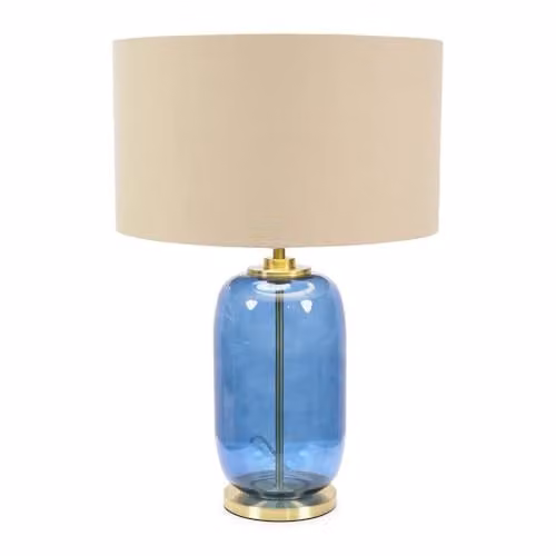 ValueLights Navy Blue Glass and Gold Table Lamp with Beige Fabric Shade and LED Bulb – 1
