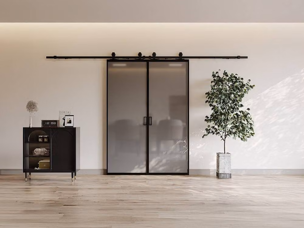 Vente-unique Double Sliding Door Flush Mount in Black with Smoked Tempered Glass and Aluminium – 2