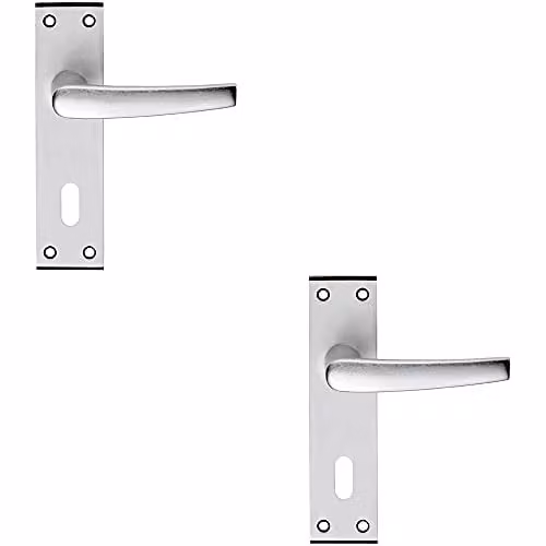 Loops 2 Pack Straight Lever on Lock Backplate Door Handles in Brushed Silver Aluminium, W: 152 mm, H: 38 mm