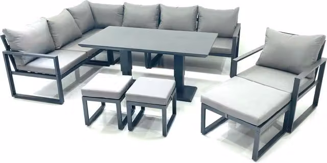 Fimous Aluminum Outdoor Garden Furniture Set in Dark Grey with Corner Sofa, Chair, 3 Footstools and Height Adjustable Dining Table