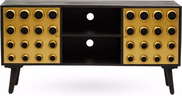 Fifty Five South Orsina Mid-Century Modern Mango Wood Media Unit with Gold Accents and Black Metal Frame – 2