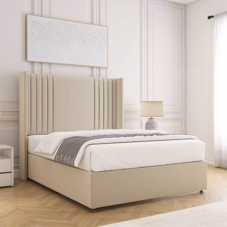 BSSPOKE Cheshire Double Divan Bed with 54 inch Headboard and 10 inch Mattress in Beige Plush Velvet