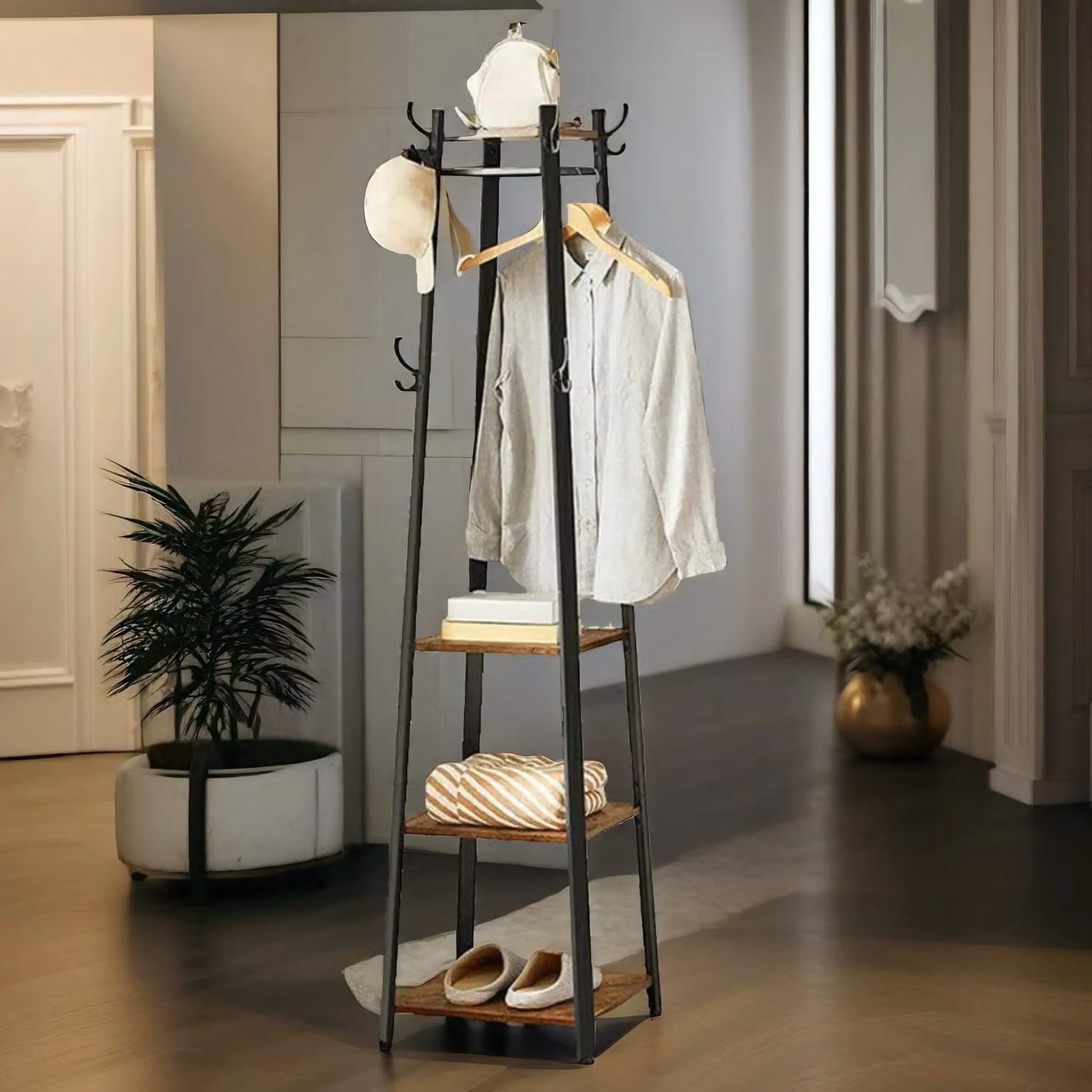 Rafaelo Mobilia Industrial Hall Tree Coat Stand with 2 Shelves in Dark Brown – 2