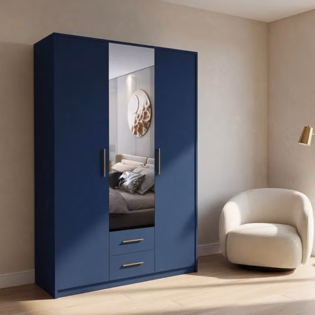 Swindon Dark Blue 3 Door Wardrobe with Mirror and Integrated Drawers, Width: 120 cm
