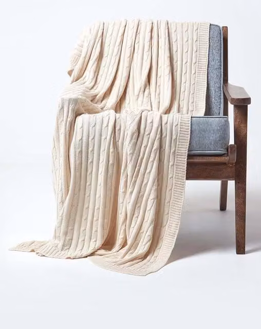 Homescapes Cotton Cable Knit Throw in Beige, W/D/H: 130 x 170 cm