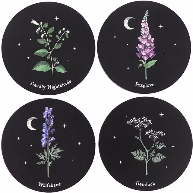 Kingsbury Gifts Poisonous Plants Round Wooden Coaster Set in Black