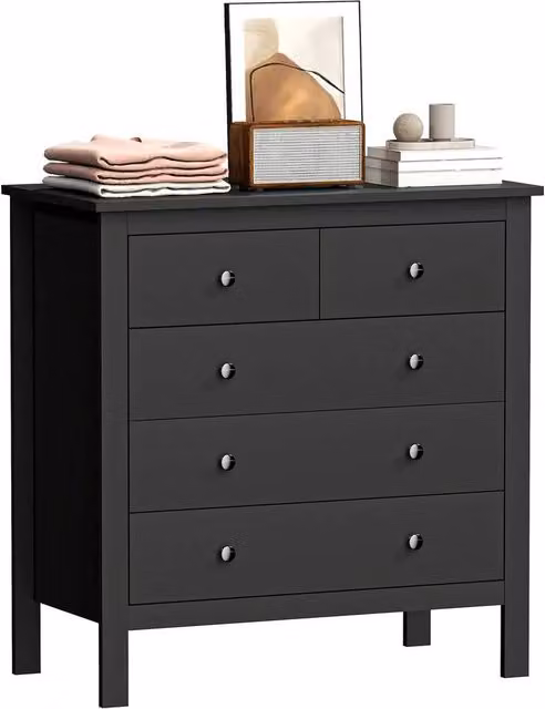 NESTLUNE Modern 5 Drawer Chest of Drawers in Black