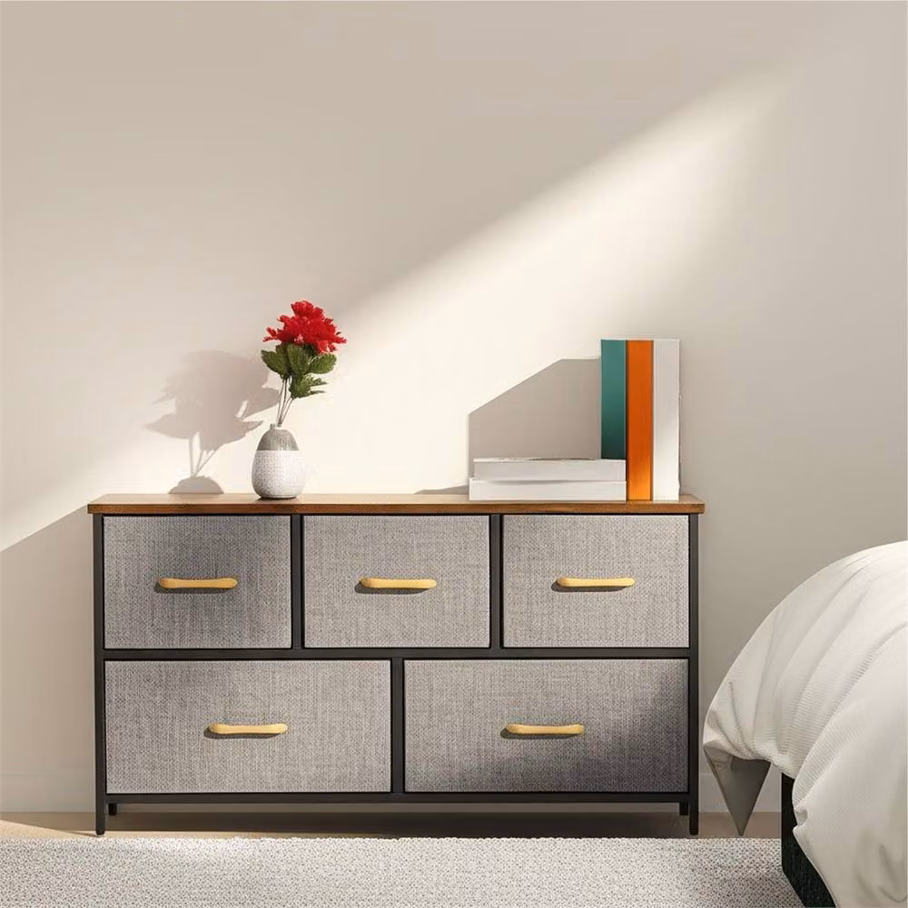 NESTLUNE 5 Drawer Fabric Storage Unit Chest with Metal Frame and Wood Top in Brown and Grey, W: 100 cm, D: 15 cm, H: 15 cm – 4