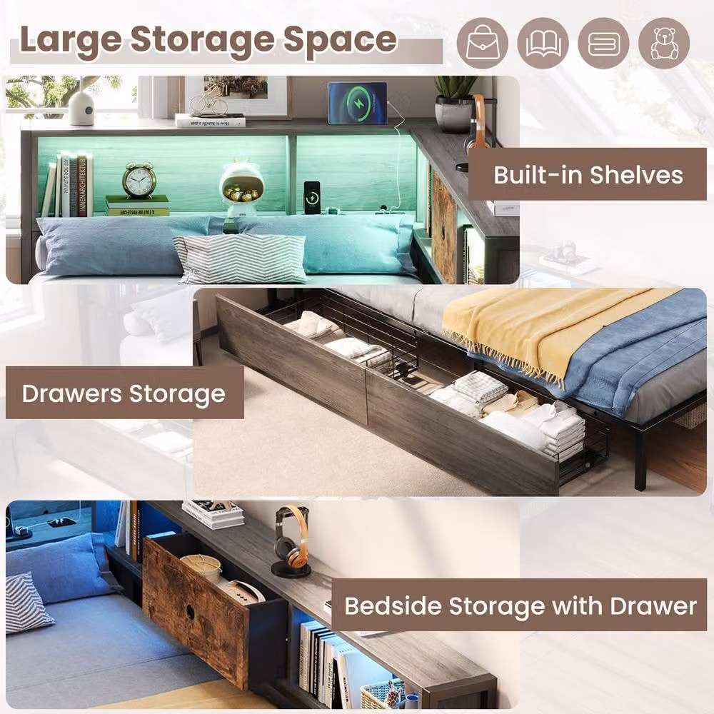 Rolipo Industrial Single Bed in Grey and Brown with RGB LED Lighting, USB Charging Port and Bedside Shelf, W/D/H: 140 x 200 cm – 6