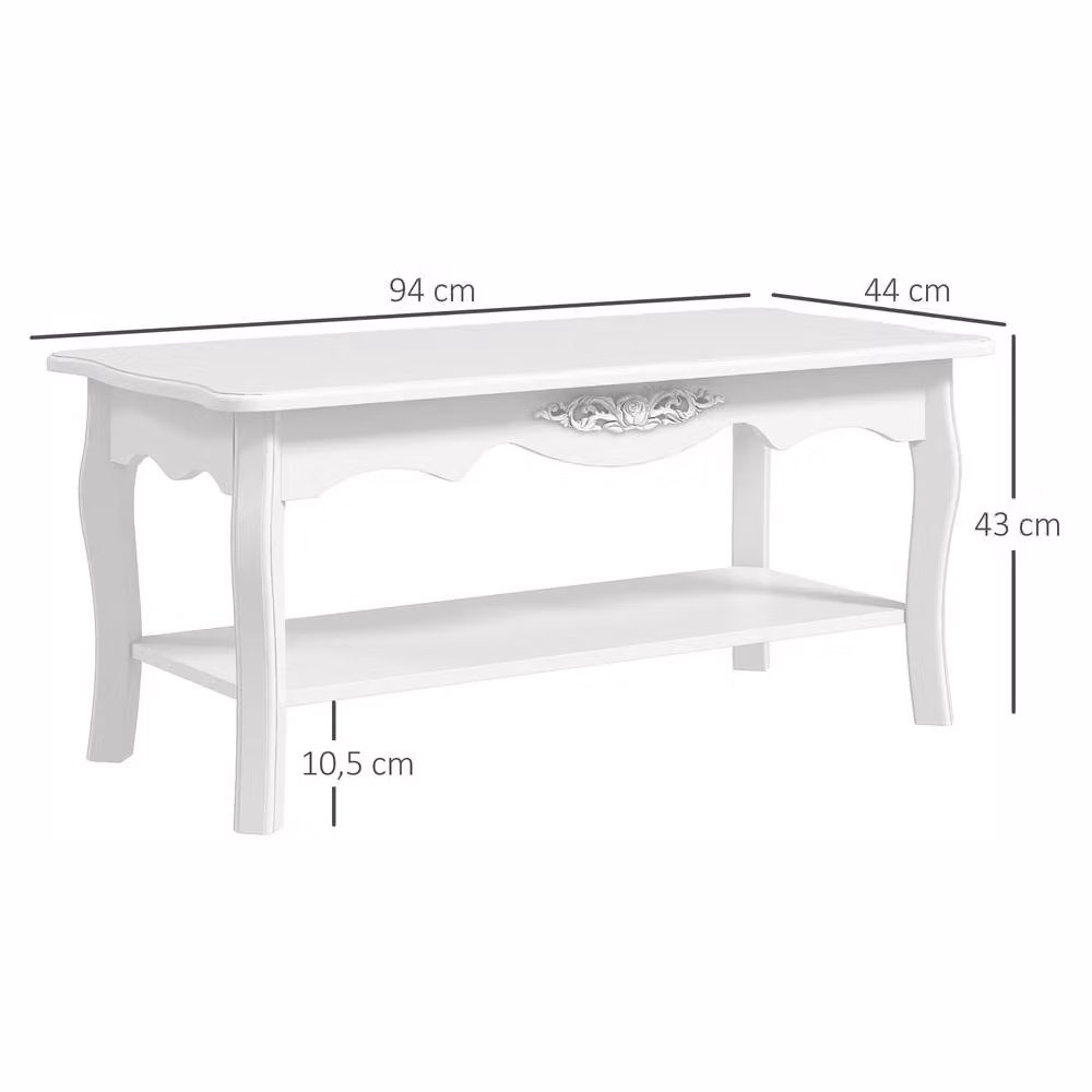 STILVORA White Rectangular Coffee Table with Storage Shelf and Wood Accents, W: 94 cm – 2