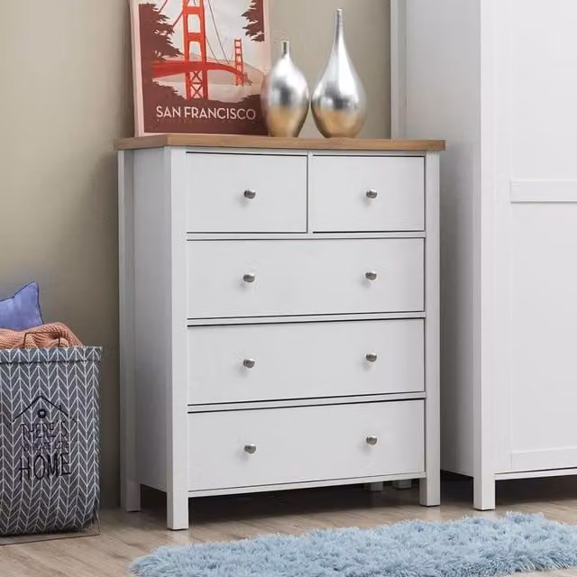 Timber Art Design Astbury 5 Drawer Bedroom Cabinet Chest of Drawers White and Oak