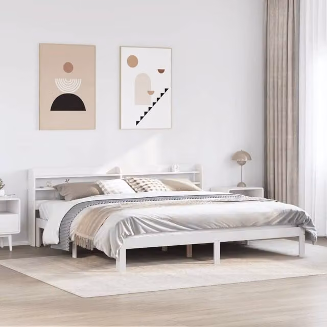 Berkfield Home White Rustic Solid Pine Bed Frame with Headboard and Side Compartments, 200 x 200 cm – 1