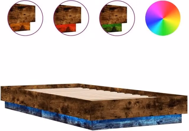 Berkfield Home Small Single Bed Frame with LED Lights and USB Charging Port in Smoked Oak Brown, W/D/H: 75 x 190 cm – 1