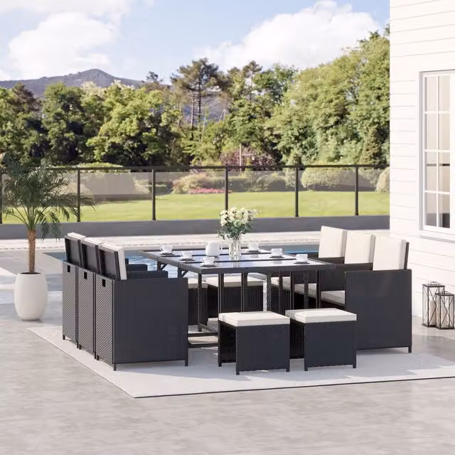 Outsunny 11-Piece Rattan Garden Dining Set with Glass Top Table and Chairs in Black – 9