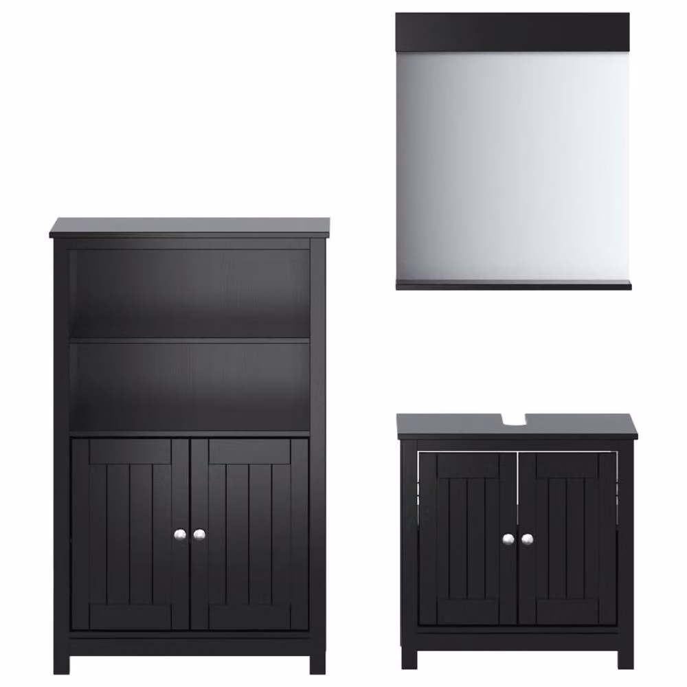 Berkfield Home Beautiful 3 Piece Black Solid Pine Wood Bathroom Furniture Set including Vanity Unit, Tall Cabinet and Mirror Cabinet – 2