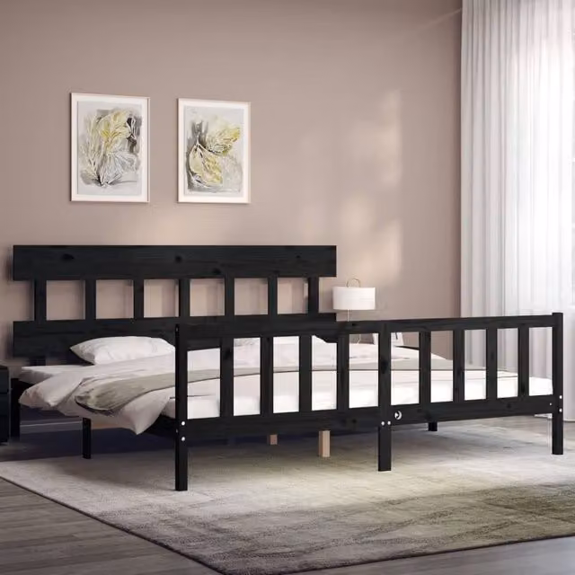 Berkfield Home Beautiful Bed Frame with Headboard in Black Solid Pine Wood W/D/H: 200 x 200 x 205.5 cm – 1