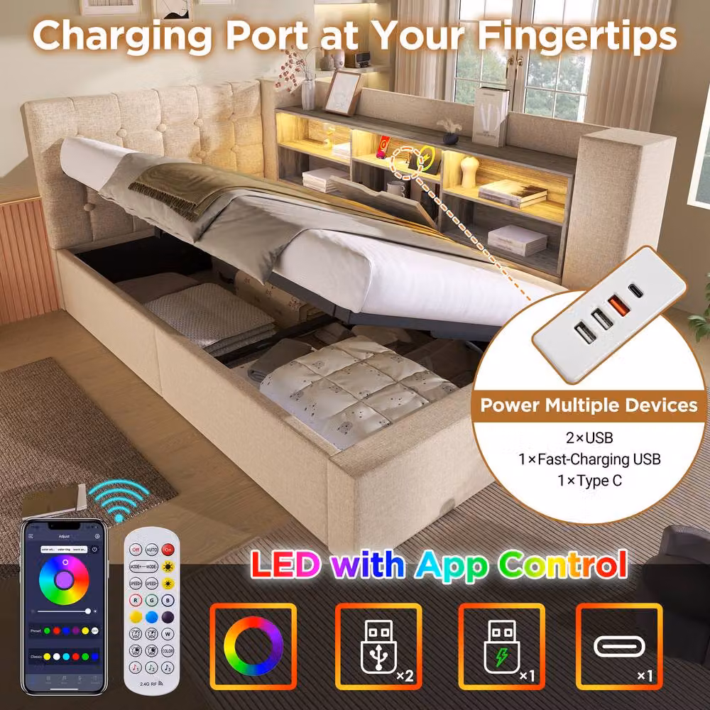 Matteo Beige Upholstered Single Sofa Bed with Storage and USB Charging Port, W/D/H: 90 x 190 cm – 4