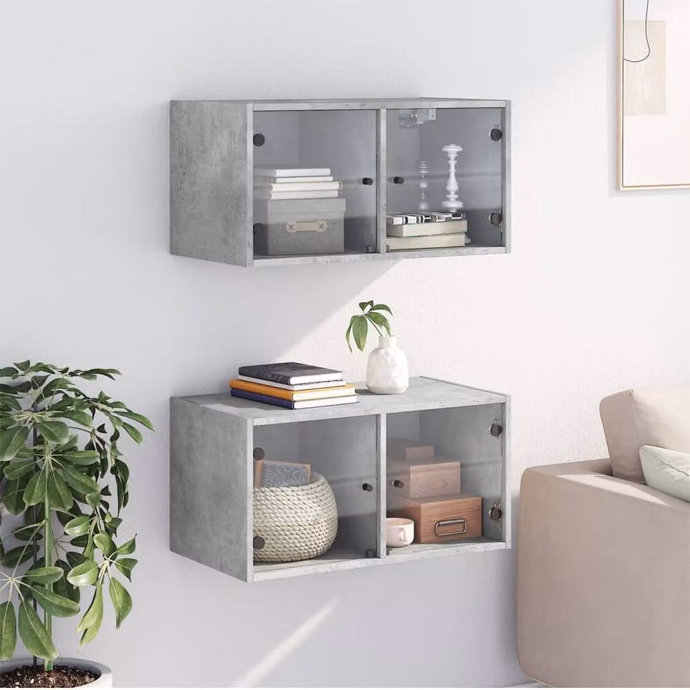 Berkfield Home Set of 2 Wall Mounted Cabinets with Glass Doors in Concrete Grey, W/D/H: 68.5 x 37 x 35 cm – 2