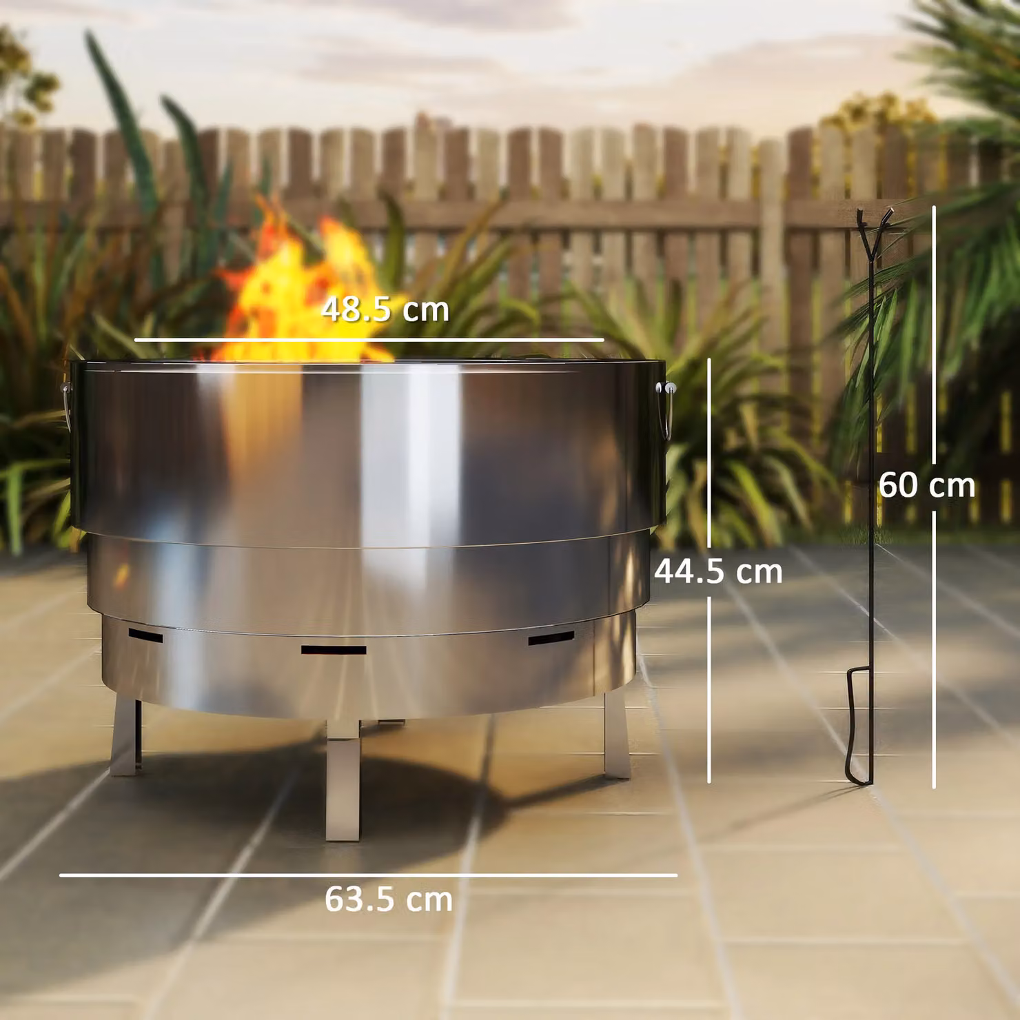 OUTSUNNY Round Stainless Steel Fire Pit with Grill Net in Silver, W/D/H: 63.5 x 44.5 x 44.5 cm – 3