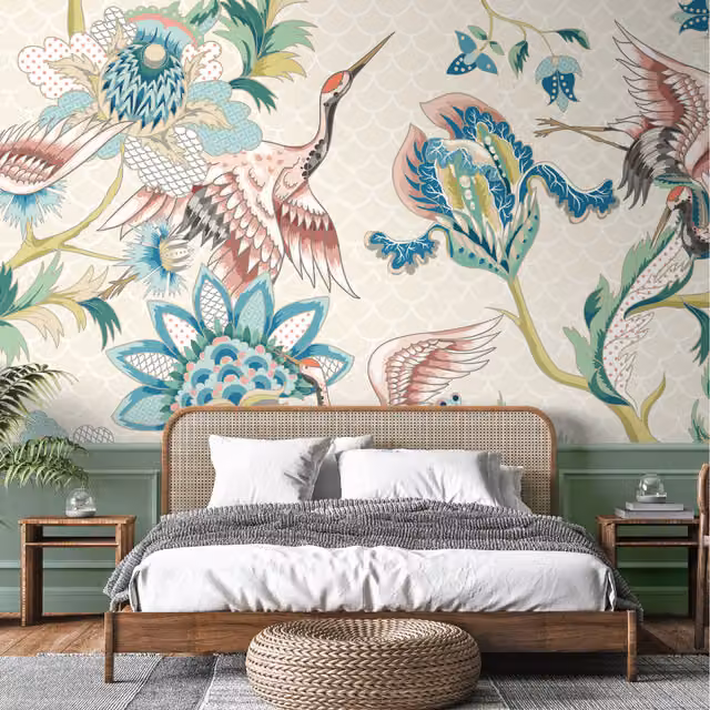 Origin Murals Cranes In Flight Wall Mural in Yellow and Multicolour