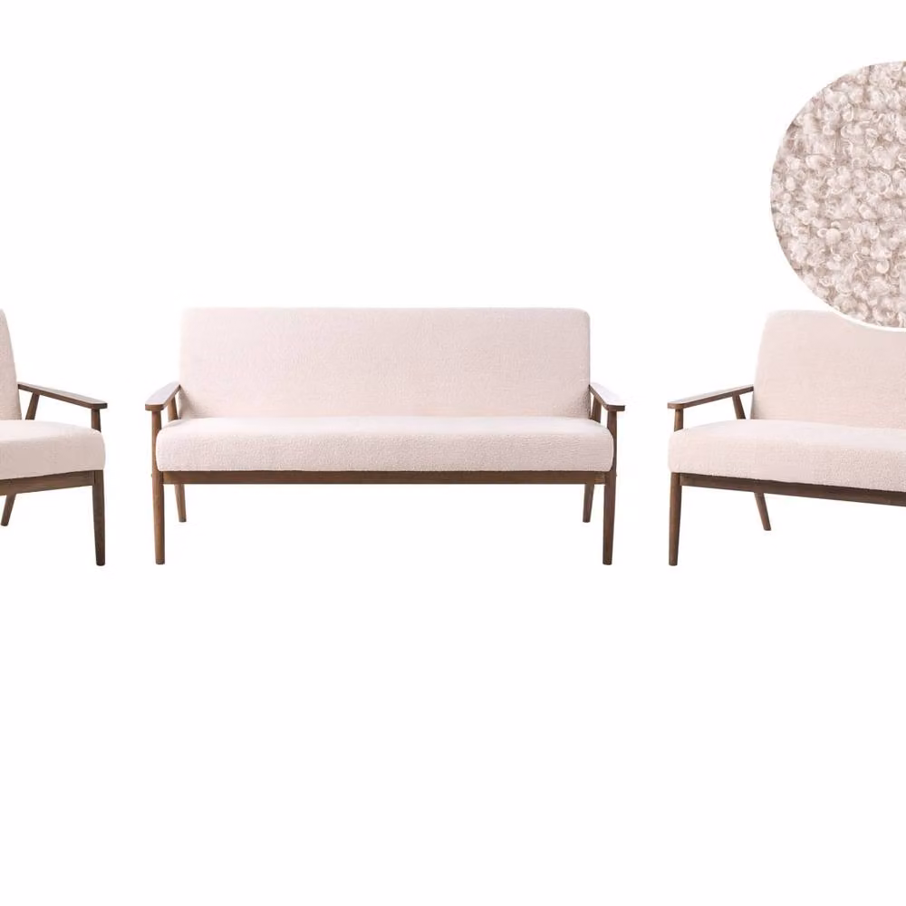 Wyld and Coco 3 Piece Mid-Century Retro Living Room Set in Beige and Dark Brown Rubberwood – 2