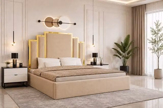 Soft Snooze Beds Luxury Gold Trim Upholstered Ottoman Bed with Designer Tufted Headboard in Beige, Small Double (120 x 200 cm)