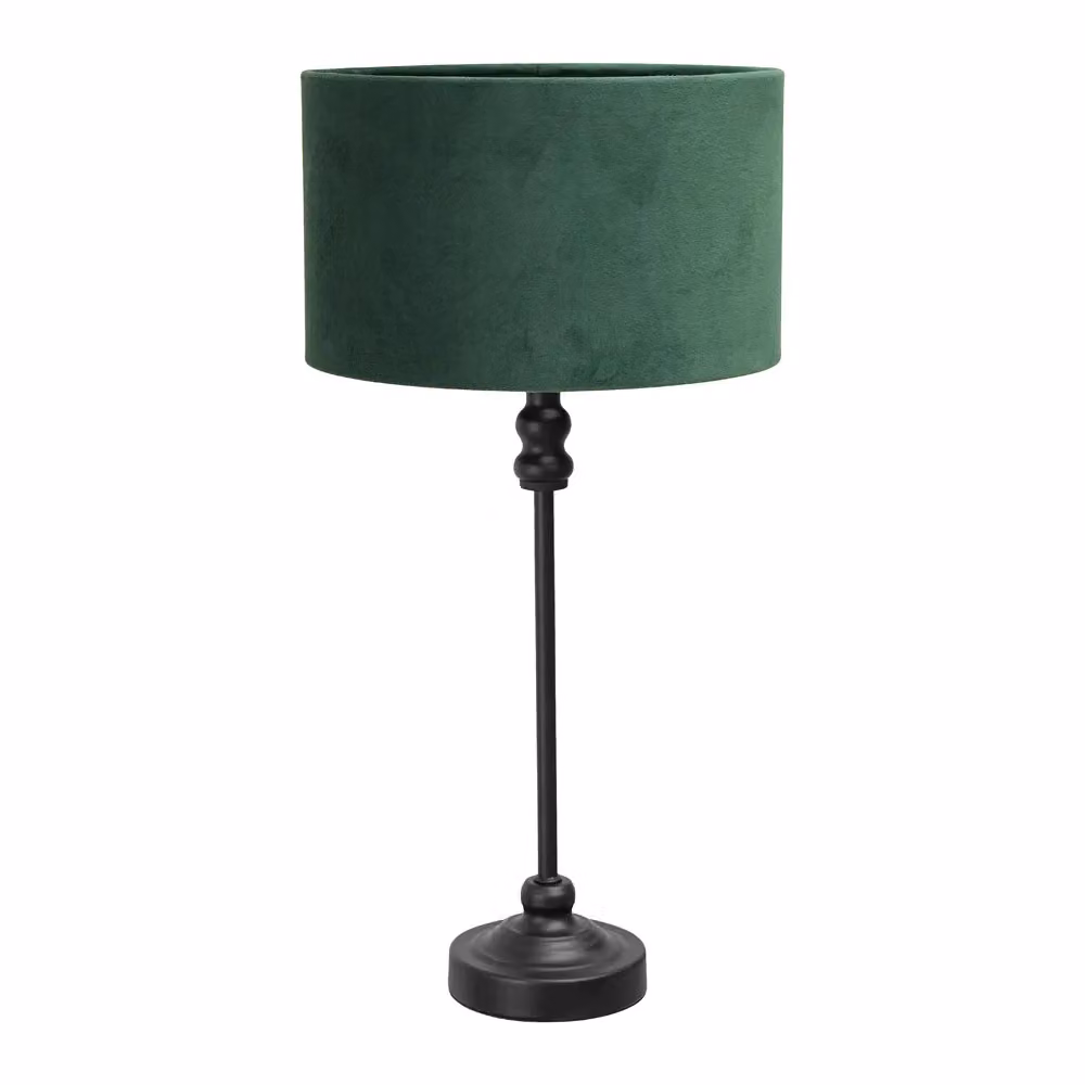 ValueLights Maggie Black Metal Candlestick Table Lamp with Green Velvet Drum Shade and LED Bulb – 2