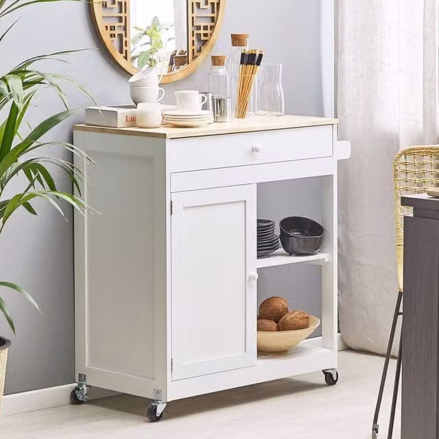 Wyld and Coco Kitchen Trolley in White MDF with Rubberwood Trim, W/D/H: 75 x 43 x 87 cm – 1