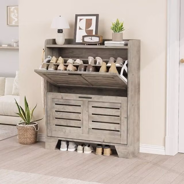 London Boutique Grey Shoe Storage Cabinet with 2 Drawers and Adjustable Shelves