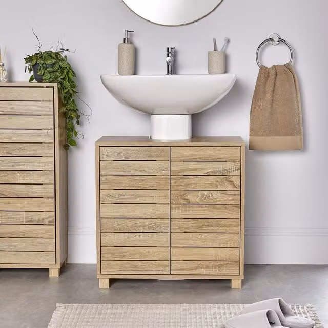 VonHaus Chester Freestanding Oak Wood Effect Under Sink Bathroom Cabinet in Natural Brown