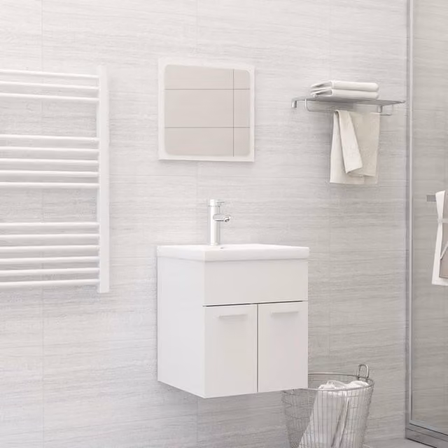 Berkfield Home 2 Piece Modern Bathroom Furniture Set in High Gloss White MDF featuring a Wall Mounted Vanity Unit and Mirror Cabinet