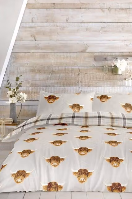 Fusion Highland Cow Print and Tartan Reverse Duvet Cover Set in Mustard, Yellow and Grey, W: 180 cm, L: 200 cm