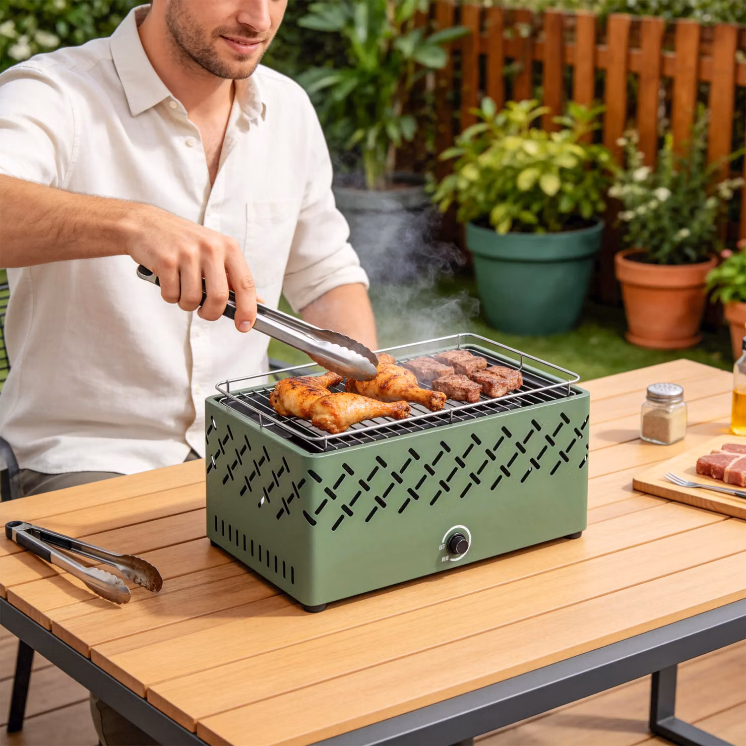Outsunny Portable Charcoal Tabletop BBQ Grill with Built-in Fan, Green – 7