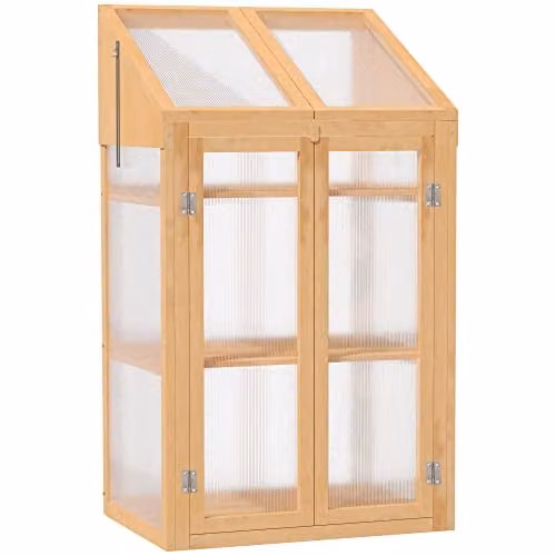 Outsunny Wooden Cold Frame Greenhouse with Polycarbonate and Shelving, Brown, W/D/H: 50 x 35 x 120 cm – 1