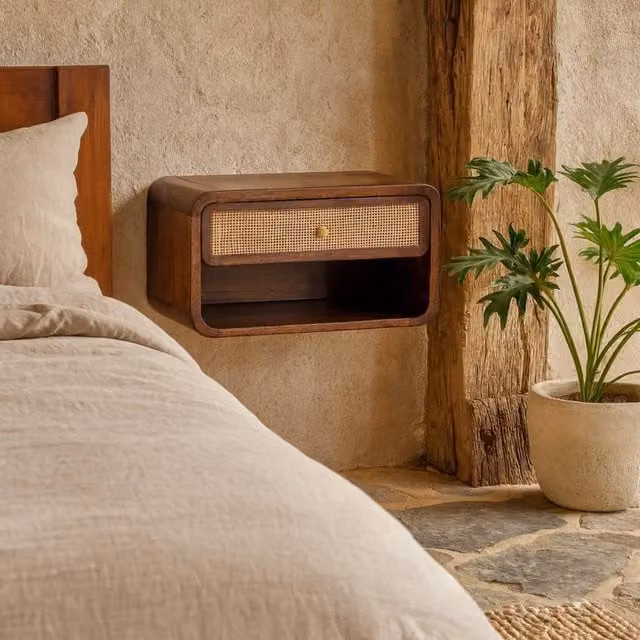 Wyld Haus Como Chestnut Wall Mounted Woven Bedside Table with Drawer in Brown, W/D/H: 45 x 25 x 32 cm