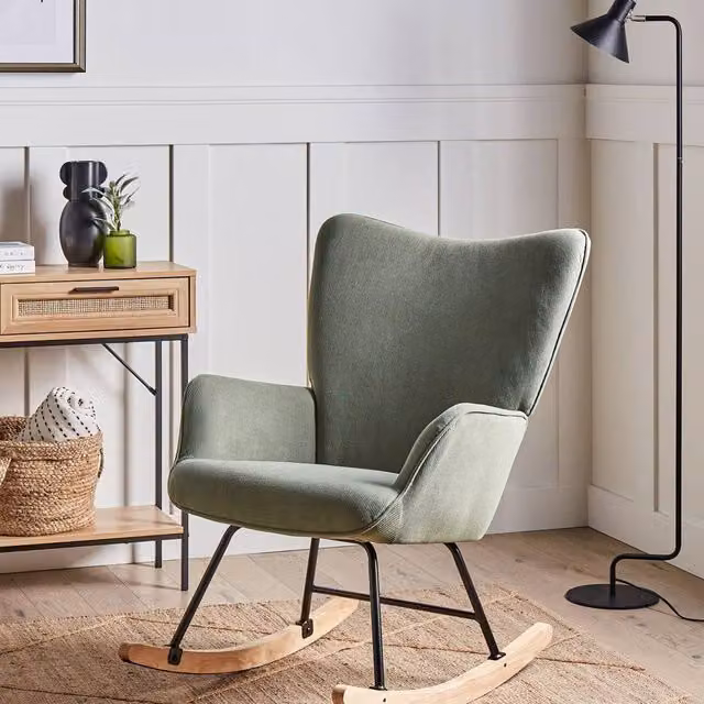 Wyld and Coco Green Corduroy Rocking Armchair with Black Metal Legs