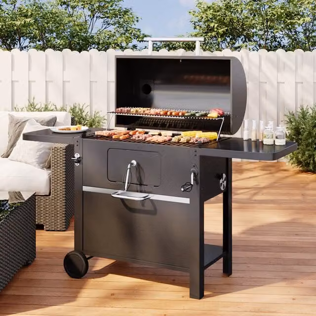 Livingandhome Two-Tier Charcoal Grill with Built-in Thermometer and Cart in Black