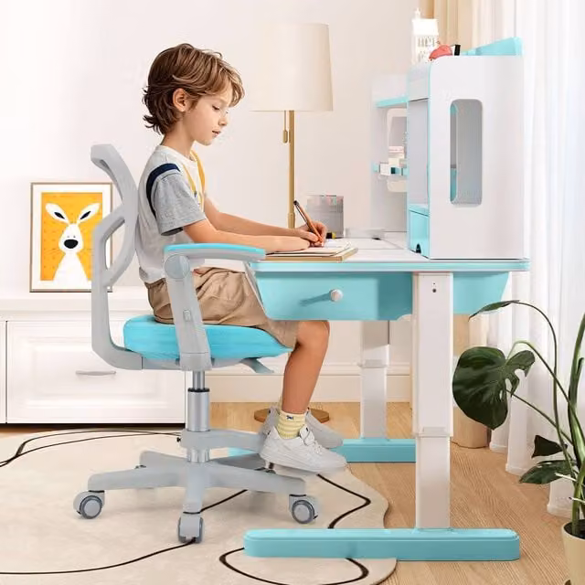 Costway Kids Study Chair with Adjustable Height and Swivel Function in Aqua Blue