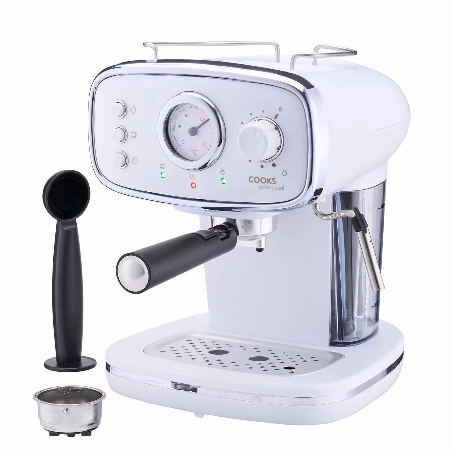 Cooks Professional 15-Bar Retro Espresso Coffee Machine with Steam Wand, Manometer and 1.2L Removable Water Tank in White and Silver – 2
