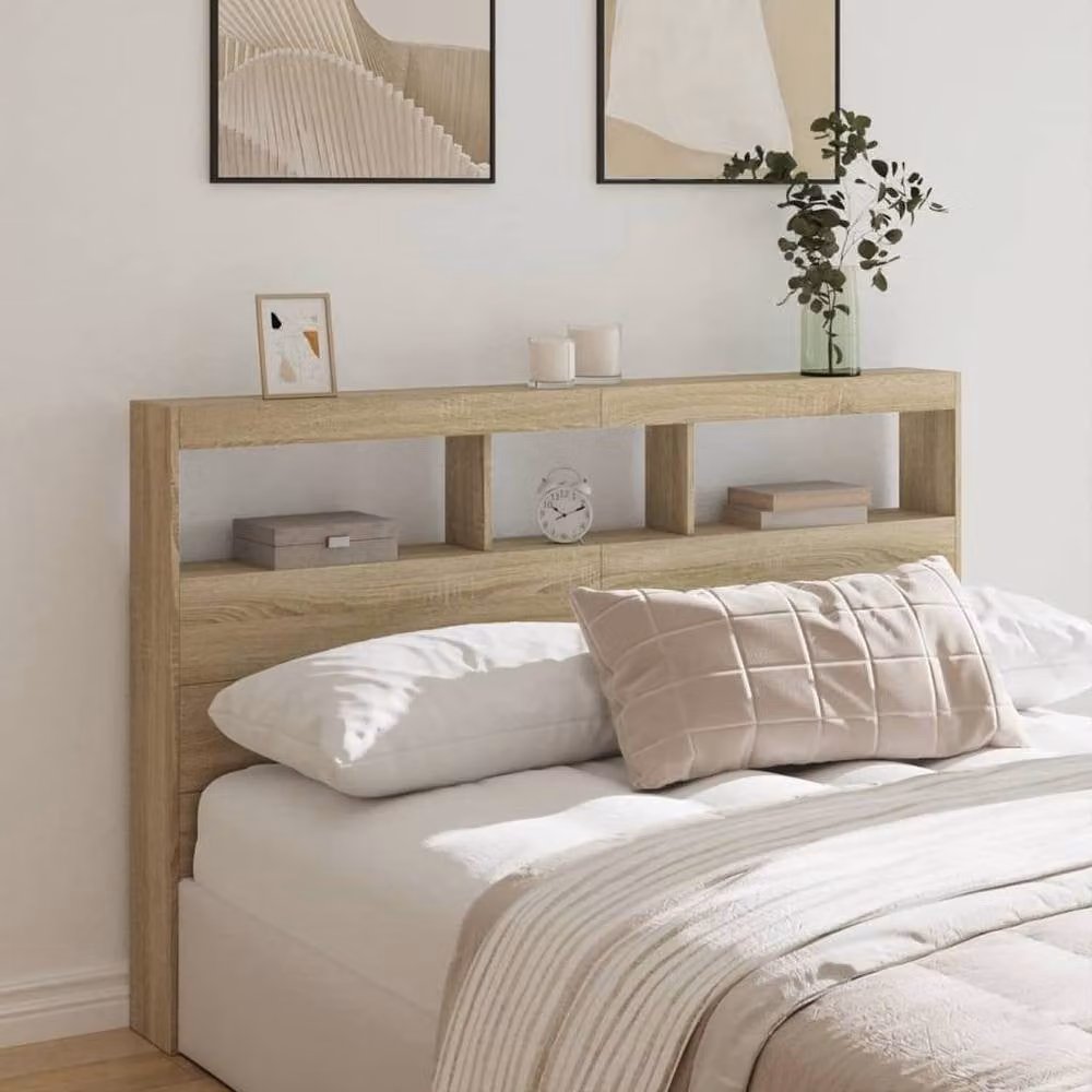Berkfield Home LED Headboard Cabinet in Sonoma Oak and Light Tan, W: 160 cm, D: 17 cm, H: 102 cm – 2