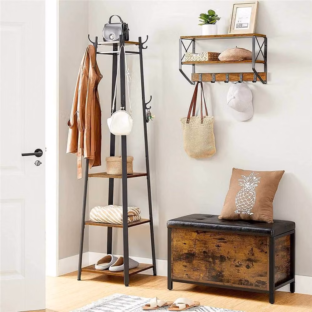 FORGEVIO Industrial Coat Tree and Hat Rack in Black with 8 Hooks and 4 Storage Shelves – 2