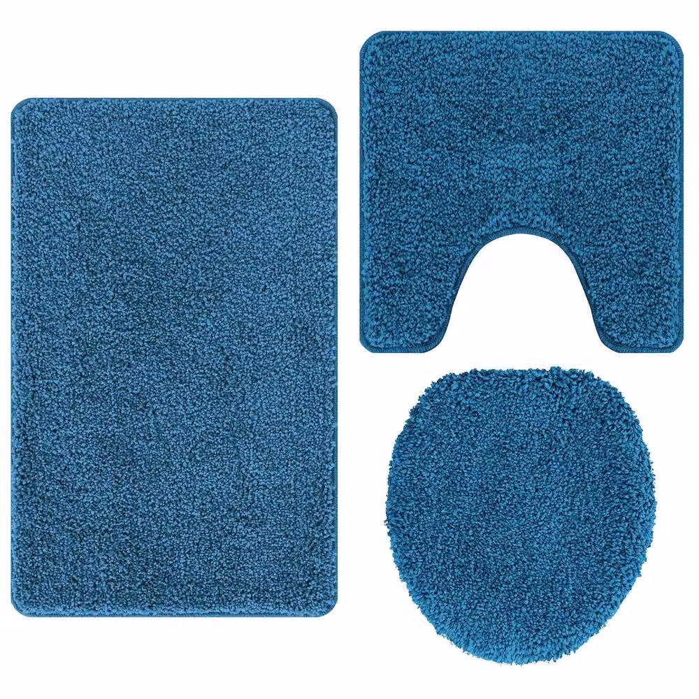 Berkfield 3 Piece Soft Non-Slip Bath Mat Set in Blue Polyester – 2