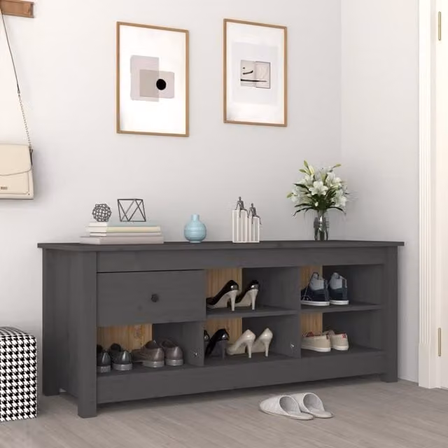 Berkfield Home Grey Rustic Solid Pine Shoe Cabinet W/D/H: 110 x 38 x 45.5 cm – 1