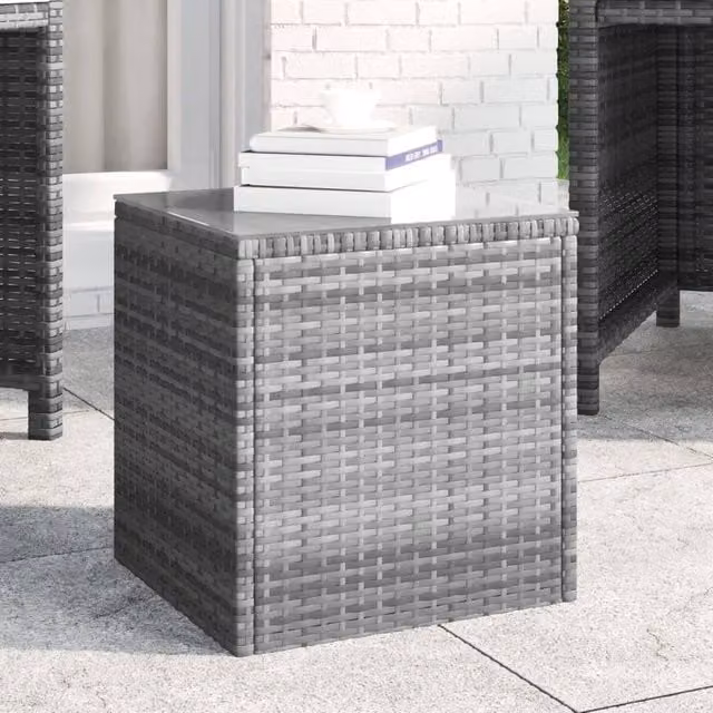 Berkfield Home Grey Poly Rattan and Tempered Glass Side Table W/D/H: 40 x 37 x 40.5 cm