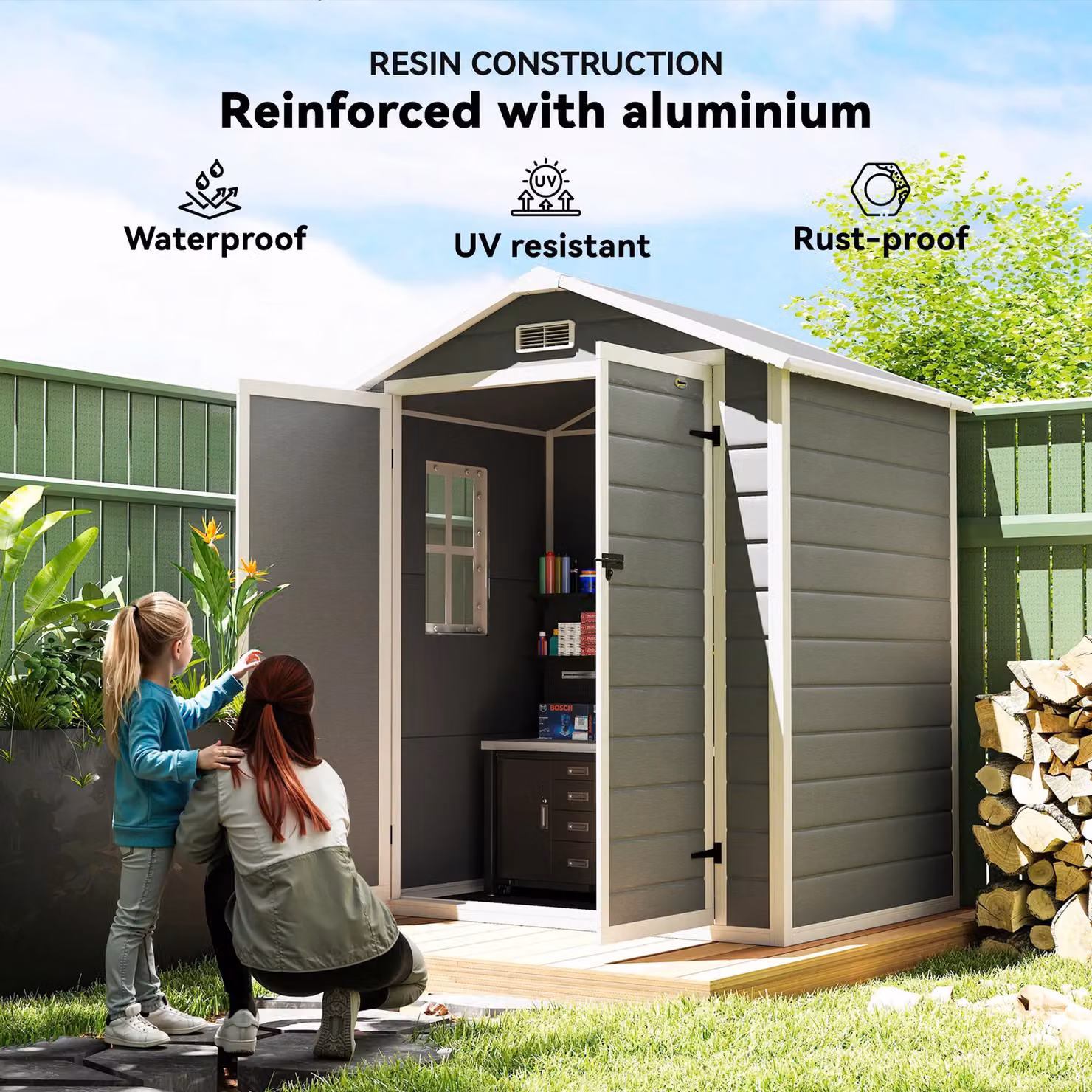 OUTSUNNY Grey Plastic Lean-to Garden Shed with Lockable Door and Window, W/D/H: 171 x 134 x 210 cm – 4